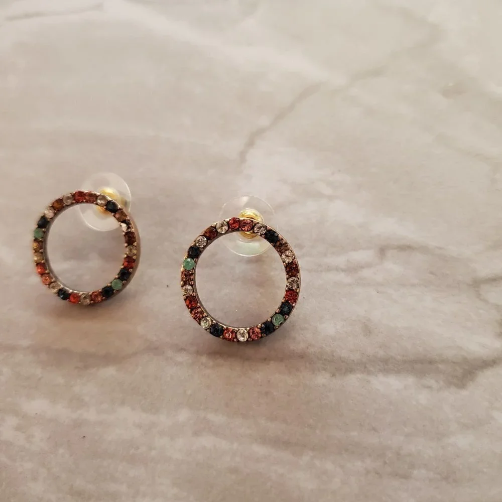 🌈 J.Crew Rainbow Pave Rhinestones Crystals Hoop Post Stud Earrings 🌈